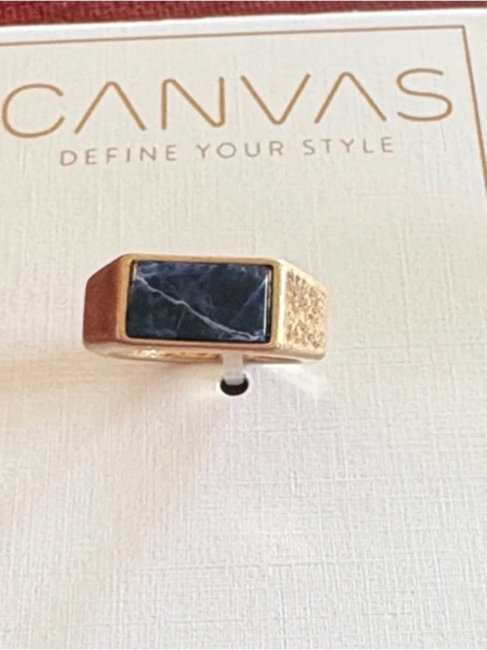 🆕CANVAS: Trendy Gold Tone Rectangular Ring with Blue Stone- Men’s size 5.5 to 6
